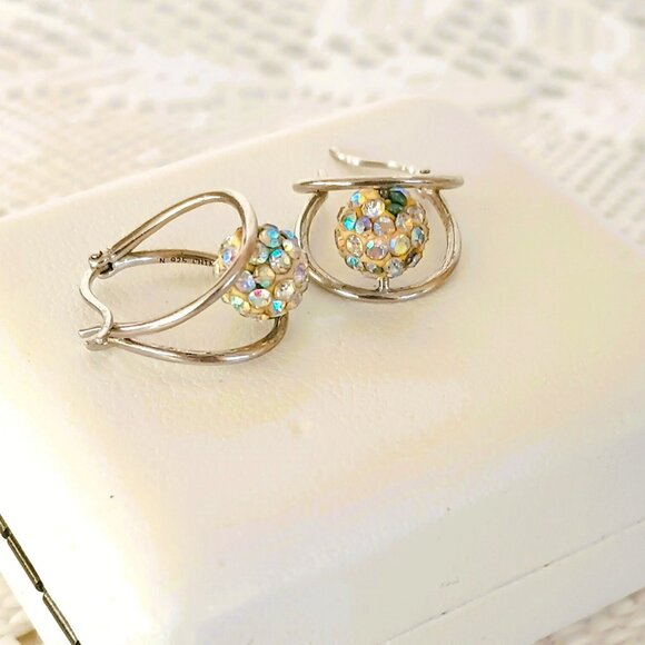 925 Floating Crystal Double Hoop Earrings Sterling Silver Drop Post Earrings - Picture 8 of 14